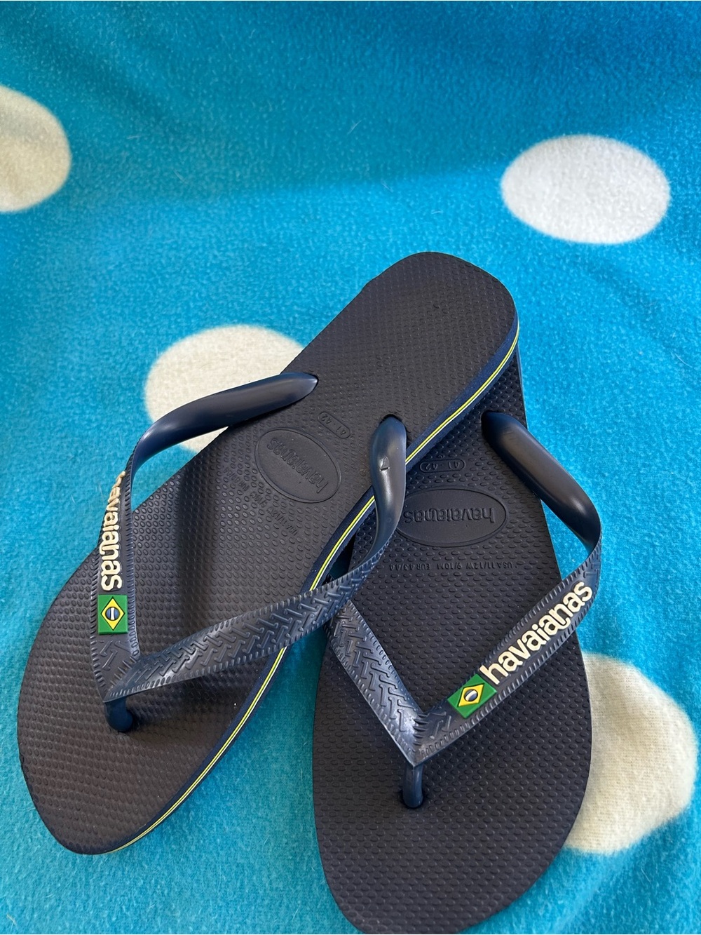 Havaianas  Navy Flip Flops with Yellow & Green Stripe